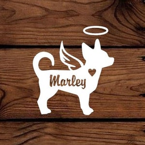 Angel Chihuahua Vinyl Decal - Silhouette with Heart, Name, Wings and Halo - Many color options image 2