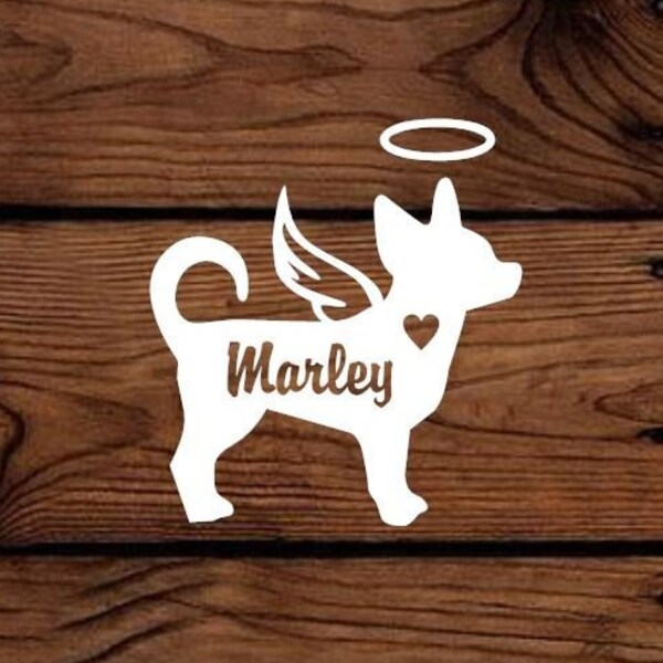 Angel Chihuahua Vinyl Decal -  Silhouette with Heart, Name, Wings and Halo -  Many color options