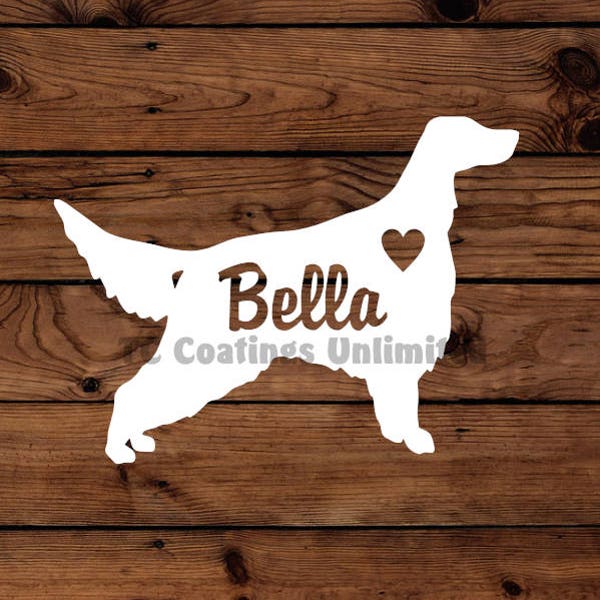 Irish Setter - English Setter -  Silhouette with Heart and Name -  Vinyl Graphic Decal   Many color options