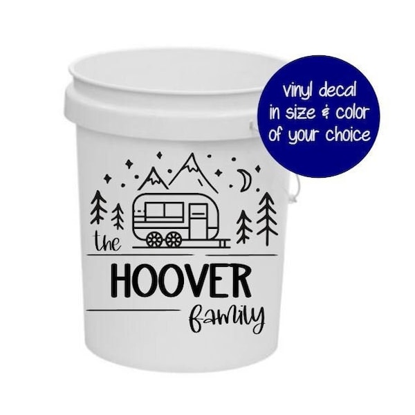 RV Camping Bucket decal / Family Name Camping Scene - Vinyl Decal   Many color and size options