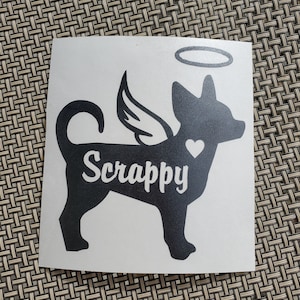 Angel Chihuahua Vinyl Decal - Silhouette with Heart, Name, Wings and Halo - Many color options image 1