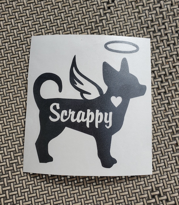 Angel Chihuahua Vinyl Decal -  Silhouette with Heart, Name, Wings and Halo -  Many color options