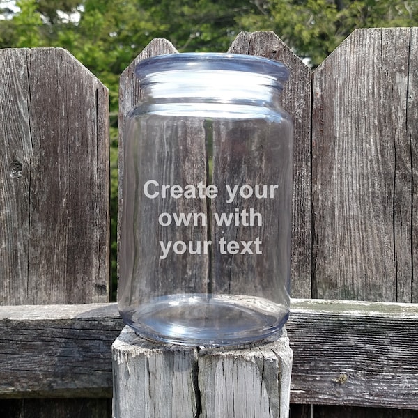 Candy Jar - Personalized Etched - Your Text or Logo with Glass Top Lid - 26 Ounce Jar, Unique Gift, Custom, Snack Jar