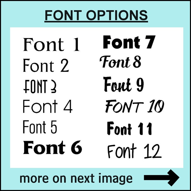 May include: A white background with a blue border shows a list of 12 different fonts. The text "FONT OPTIONS" is at the top of the image. The text "more on next image" is at the bottom of the image with a black arrow pointing to the right.