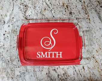 Etched Pyrex Casserole Dish with Red Lid: Personalized Newlywed Gift