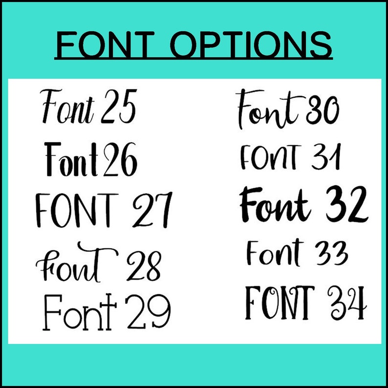 May include: A graphic showing different font options for a design project. The fonts are numbered 25 through 34.