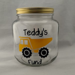 Personalized Toy Fund / Piggy Bank / Kids Bank / Truck Fund  - Half Gallon Jar - Glass Bank with Coin Slot Lid