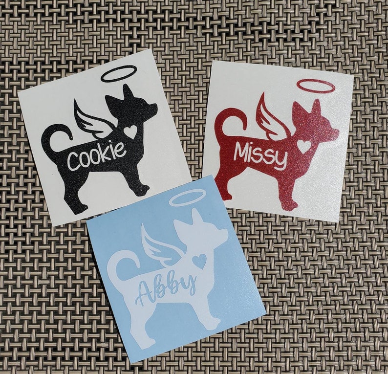 Angel Chihuahua Vinyl Decal - Silhouette with Heart, Name, Wings and Halo - Many color options image 10