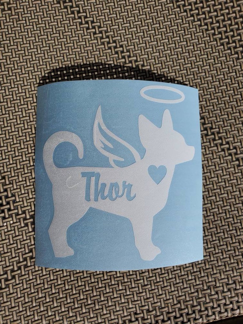 Angel Chihuahua Vinyl Decal - Silhouette with Heart, Name, Wings and Halo - Many color options image 7