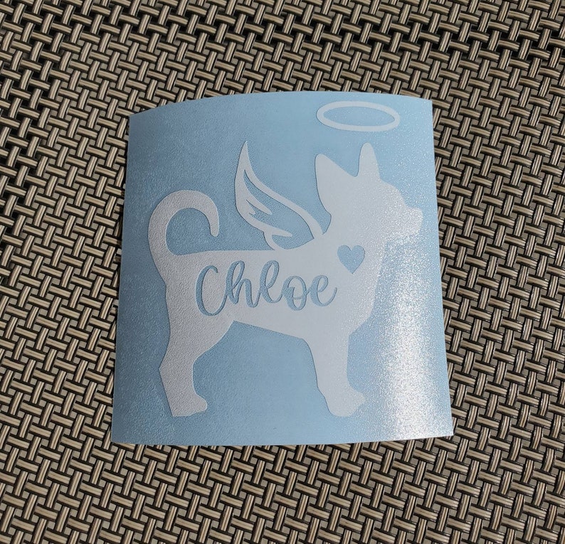 Angel Chihuahua Vinyl Decal - Silhouette with Heart, Name, Wings and Halo - Many color options image 8