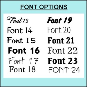 May include: A white background with a blue border shows a list of font options. The font options are numbered from 13 to 24. The fonts are shown in different styles, including cursive, bold, and all caps.