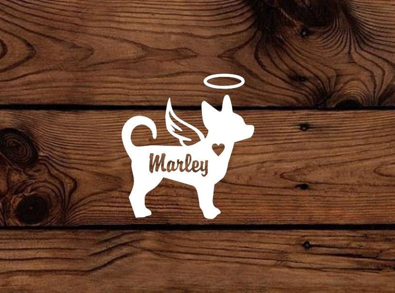 Angel Chihuahua Vinyl Decal - Silhouette with Heart, Name, Wings and Halo - Many color options image 2