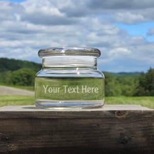 8 ounce Candy Jar - Personalized Etched - Your Text or Logo with Glass Top or Wood Lid -  Custom Jar, Unique Gift, Glass Jar, Snack Jar