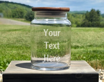 Custom Etched Candy Jar - 26 Ounce Jar with Stained Pine Lid