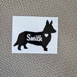 Custom Welsh Corgi Vinyl Decal -  Silhouette with Heart and Name -   Many color options
