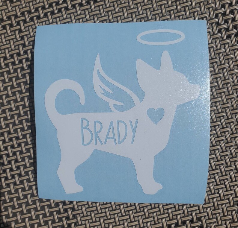 Angel Chihuahua Vinyl Decal - Silhouette with Heart, Name, Wings and Halo - Many color options image 9