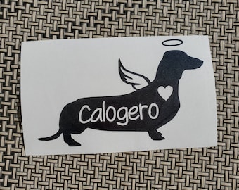 Angel Dachshund Vinyl Decal -  Silhouette with Heart, Name, Wings and Halo -  Many color options