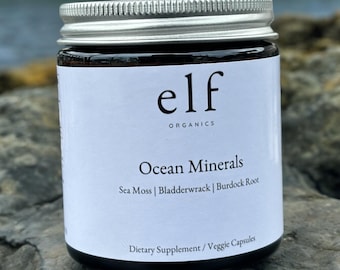 Organic Sea Moss Bladderwrack Burdock Root Capsules | Vegan Herbal Superfood | Glass-Jar Sea Moss Supplement by Elf Organics