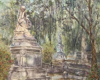 Acquerello raffigurante il cimitero di Bonaventura, Savannah, Georgia, arte storica.