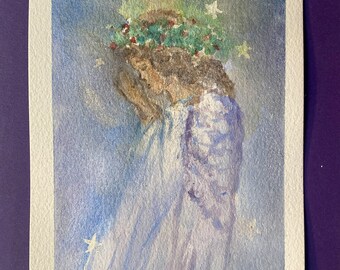 Acquerello originale "Giro in slitta invernale", 7x5 cm, opera d'arte natalizia.