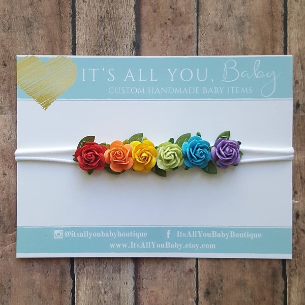 Rainbow Baby Nylon Headband, Rainbow Baby, Rainbow Newborn Headband, Rainbow Paper Flower Headband, Newborn Photo Prop, Rainbow Photo Prop