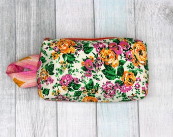 Handmade Floral Zipper Pouch Quilted Collage Fabric Bag