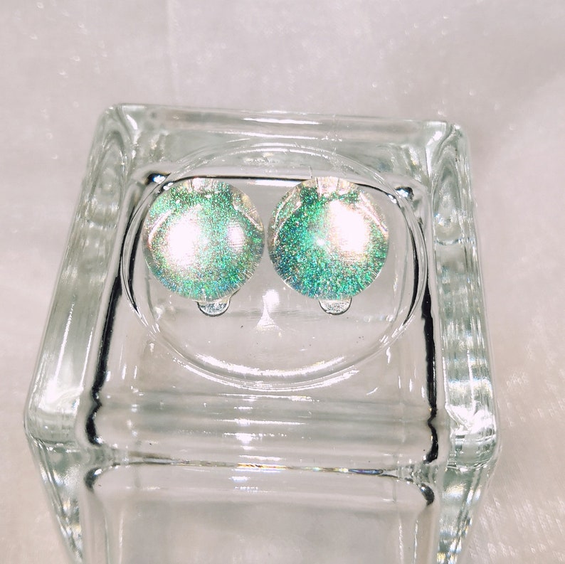 Clip earrings green dichroic glass fusing glass