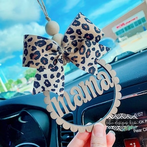 Scalloped Wooden Car Charm with Leopard Bow, Mama Car Charm, Mama Ornament, Car Charms, Car Decor, Personalized Car Charm, Car Mirror Charm