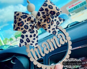 Scalloped Wooden Car Charm with Leopard Bow, Mama Car Charm, Mama Ornament, Car Charms, Car Decor, Personalized Car Charm, Car Mirror Charm