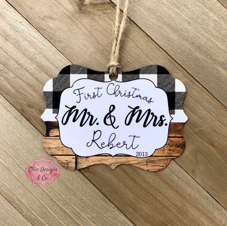 Christmas Ornament Plaid Christmas Ornaments Just Married Christmas Ornaments Mr and Mrs Couples Christmas Ornament Custom Ornaments