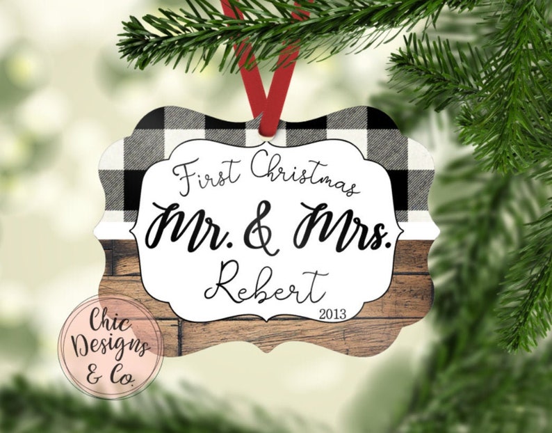 Christmas Ornament Plaid Christmas Ornaments Just Married Christmas Ornaments Mr and Mrs Couples Christmas Ornament Custom Ornaments