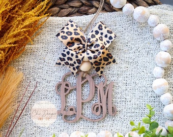 Wooden Monogram Car Charm W/Tan Leopard Bow, Monogram Car Charm, Monogram Ornament, Monogram Charm, Car Mirror Charm, Wooden Car Charm