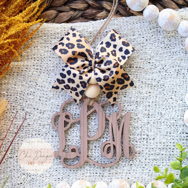 Wooden Monogram Car Charm W/Tan Leopard Bow, Monogram Car Charm, Monogram Ornament, Monogram Charm, Car Mirror Charm, Wooden Car Charm