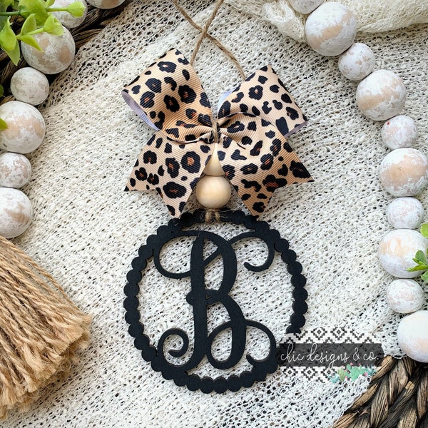 Black Scalloped Wooden Monogram Car Charm W/ Leopard Bow, Monogram Car Charm, Monogram Ornament, Car Mirror Charm, Wooden Car Charm