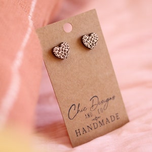 Heart Shaped Leopard Earrings, Engraved Earrings, Leopard Studs, Wood Jewelry, Stud Earrings, Heart Earrings, Leopard Heart Earrings