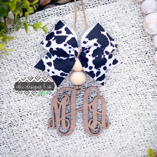 Monogram Car Charm with Black Cow Print Bow, Monogram Car Charm, Monogram Ornament, Cow Print Car Charms, Car Mirror Charm, Wooden Car Charm