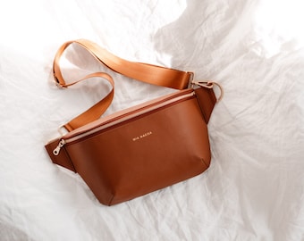 Kleine, große Bauchtasche Cognac Braun vegan Kunstleder | Damen Crossbodybag | Hüfttasche | Gürteltasche mit breitem, verstellbaren Gurt