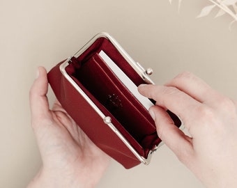 Small Clip Purse for Women | Customizable | vegan | Women's underwire wallet | Bordeaux red with clip closure | card slots