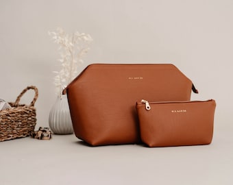 Trousse cosmétique grande ou petite pour femme | Personnalisable | Trousse de toilette thermocollante à compartiments | Cuir PU | Brun cognac | trousse de maquillage