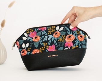 Small, medium, large toiletry bag with compartments women's floral design black gift idea for women toiletry bag, customizable name