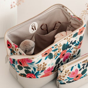 Small, medium, large cosmetic bag with compartments women's floral design beige gift idea for women toiletry bag, customizable with name image 3