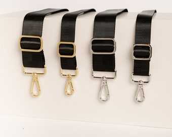 Adjustable bag strap for handbags, elegant herringbone pattern | Gold, silver snap hook | Wide shoulder strap | Black, narrow