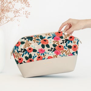 Small, medium, large cosmetic bag with compartments women's floral design beige gift idea for women toiletry bag, customizable with name Large