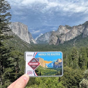May include: A rectangular America the Beautiful annual resident pass card featuring a colorful illustration of a mountain valley landscape. The card includes the text America the Beautiful, Resident Annual, and America 250 in a clear protective sleeve.