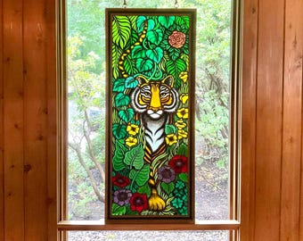 1970s Vintage Stained Glass Panel — Tiger in the Jungle