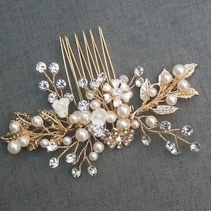 Bride Gold Floral Hair Comb/Wedding Gold Hair Vine Comb/ Wedding Gold Hair Piece/Gold Sparkle Crystal Hair Comb