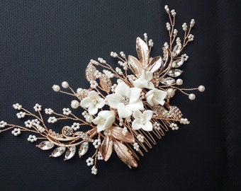 Rose Gold or Silver Floral Hair Piece/Bride Rose Gold Hair Comb/ Wedding Rose Gold Hair Piece/Rose Gold Side Hair Comb/ Back Hair Comb