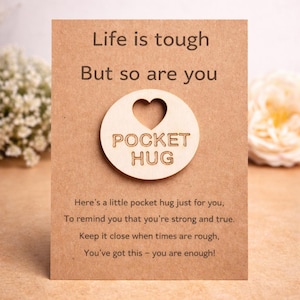 Personalised Wooden Pocket Hug, Life Is Tough But So Are You, on recycled card, Little Pocket Hug Gift, Pick Me Up Token, Tough Times Gift