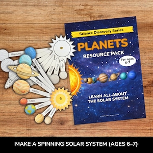 May include: A colorful educational resource pack for ages 6-7, featuring a solar system theme. Includes planet cutouts, sun and star shapes, and a booklet with the text "PLANETS RESOURCE PACK". The image also includes the text "MAKE A SPINNING SOLAR SYSTEM".