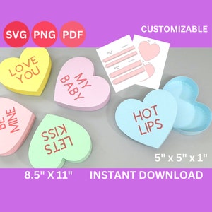 Plantilla de regalo de caja de corazón SVG, PDF, PNG, imprimible, personalizable, ideal para el día de la madre y San Valentín, hojas de cartas, corazón de conversación